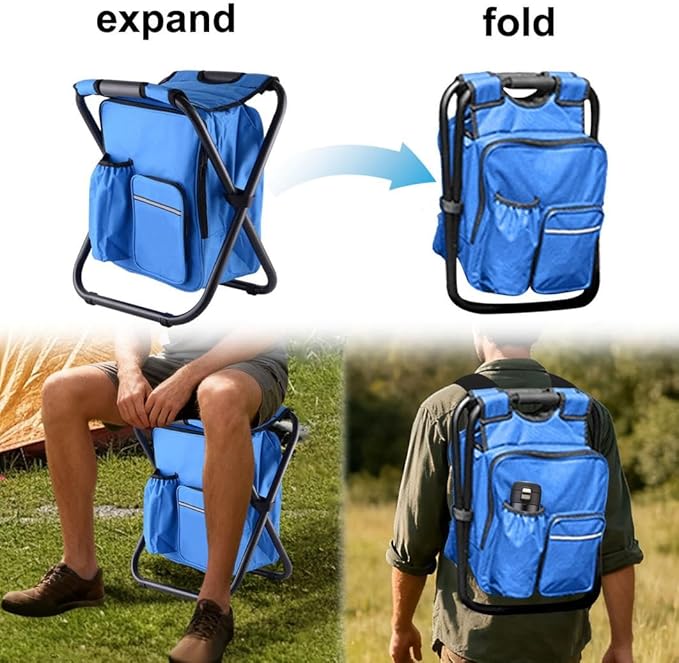 Portable Stool Backpack Cooler Chair Lightweight Backrest Stool Compact Folding Chair Seat Hiking Camouflage Seat Table Bag Camping Gear for Outdoors Hiking Beach Travel Camping BBQ (Blue)