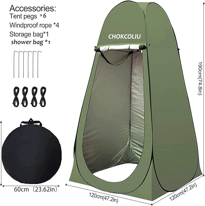 Pop-up Shower Tent &amp 20L Solar Shower Bag Combo - Waterproof Camping Privacy Shelter with Portable Heated Water Reservoir for Outdoor Bathing Beach Hiking (Green 120x120x190cm)