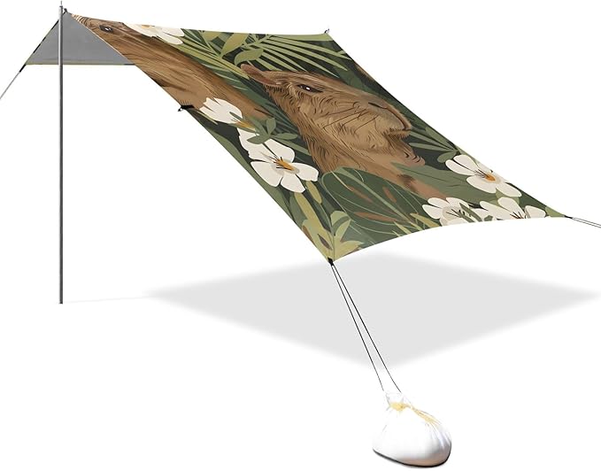 Capybara with Her Cub and White Flowers and Leaves Camping Sun Shelter Beach Tent Portable Beach Sun Shade Outdoor Canopy for Camping Trips Fishing Picnic
