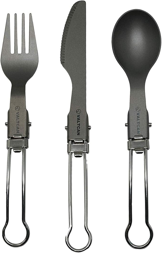 Valtcan Titanium Folding Utensil Set 3 Piece Fork Knife Spoon - 58g Ultralight Locking Hinge Full-Size When Open Pocket-Size When Folded Zero Metallic Taste Grade 1 Ti Carry Pouch Camping EDC