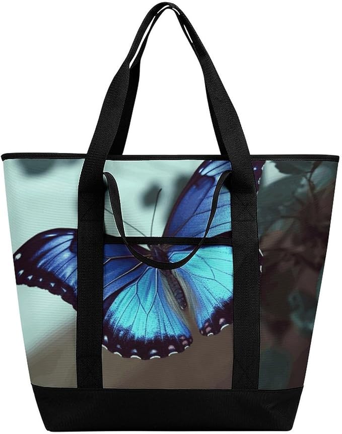 Insulated Shopping BagLarge Reusable Cooler Bags Blue Butterfly Printed Foldable Shopping BagTravel Waterproof Shoulder Bag