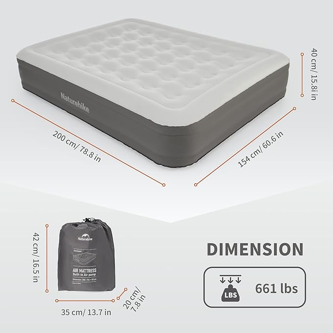 Naturehike Pongee Fabric Queen Air Mattress with Self-Stop High-Speed Built in Pump 15.8 Thicken Deluxe Blow Up Mattress Waterproof 2-Min Fast Inflatable Airbed for Home Camping Guests Travel
