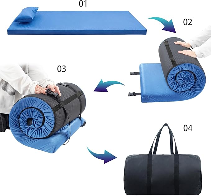 Sleeping Pad3-inch Thick Memory Foam Camping MattressPortable Roll-Up Mat for Car/Tent/Floor/Cot/TravelComfortable Pad for Guests Sleepover