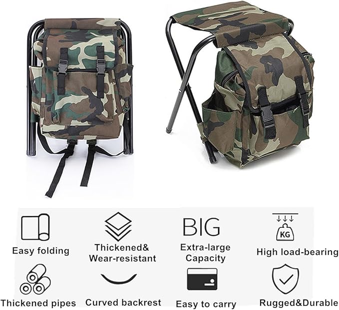 UNISTRENGH Foldable Camping Chair Backpack Stool with Cooler Insulated Picnic Bag for Outdoor Indoor Fishing Travel Beach BBQ (Camouflage)