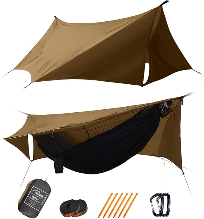SkyNest 11ft Hammock with Net and Rain Fly Tarp 4 in 1 Camping Hammock Tent Ultralight Portable Double-Layer Hammock with Ridge Rope for Camping Hiking and Backpacking