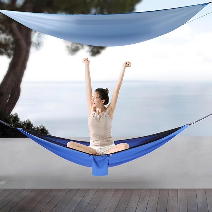 Camping HammockPortable Camping Hammock with Mosquito Net and Waterproof Tarp200kg Heavy-Duty Hammock for BackpackingHikingTravel-Lightweight and Compact Blue Design