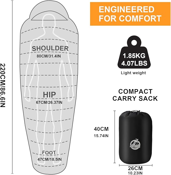 Northroad Mummy Sleeping Bag 14-59 ℉ 3-4 Season Warm &amp Cool Weather Summer Spring Fall Lightweight Washable Sleeping Bag for Outdoor Camping Hiking Travel Hunting