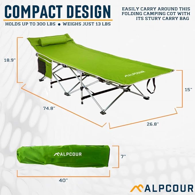 Alpcour Folding Camping Cot – Deluxe Collapsible Single Person Bed in a Bag w/Pillow for Indoor &amp Outdoor Use – Ultra Lightweight Comfortable Heavy Duty Design Holds Adults &amp Kids Up to 300