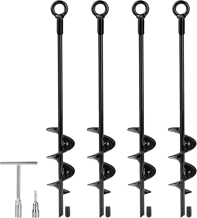 18 inch Trampoline Stakes Kit LA VANE 4-Pack Spiral Ground Anchors Tent Stakes Heavy Duty Screw in Earth Anchors High Wind Metal Auger Anchor for Shed Swing Sets Carports Camping Tent Canopies