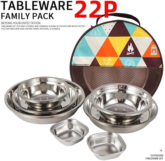 22PCS Service Plate Set with Travel Bag Stainless Steel Plates and Bowls Camping Set for Outdoor Camping Hiking Picnic BBQ Beach