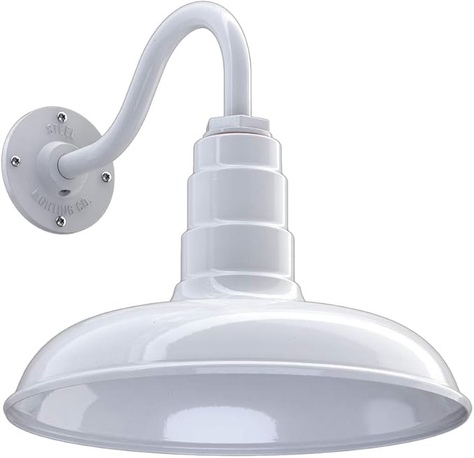 Steel Lighting Co. Topanga Barn Light | Outdoor Wall Mounted | Farmhouse Garage Light Made in America | 14 inch Dome | 11 inch Gooseneck | White Exterior/White Interior