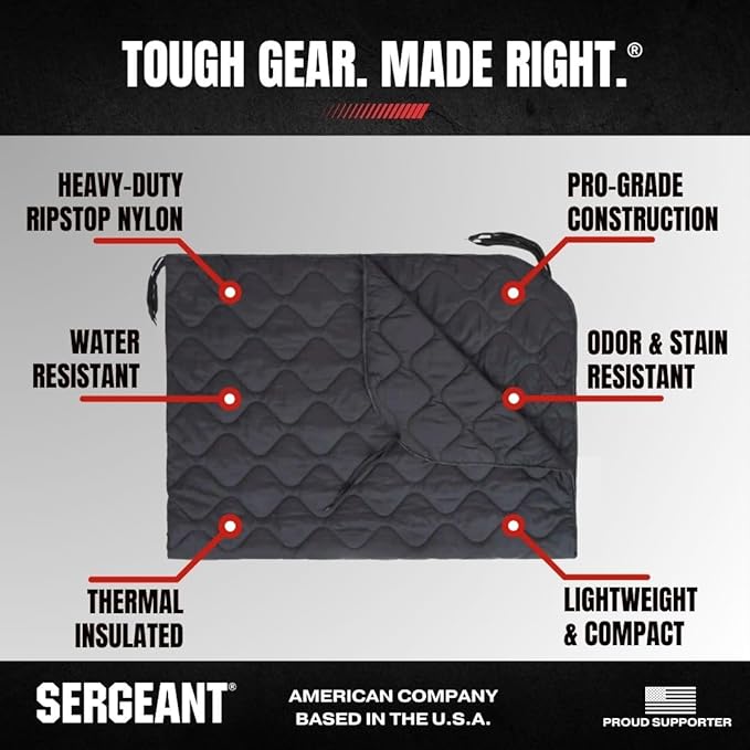 SERGEANT Poncho Liner Woobie Camping Blanket and Carry Bag. Waterproof Windproof Military-Grade All-Weather Rugged Rip-Stop Camping Hunting Hiking Picnic Survival Outdoor Blanket in Black