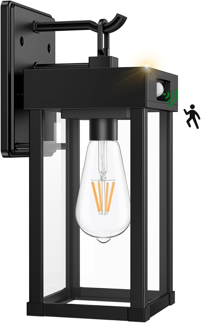 Auzev Outdoor Solar Wall Lights Fixtures Exterior Solar Lantern Lights With Clear Panel Motion Sensor 3Lighting Modes Modern Sconce Waterproof Outside Lamp for House Garage (Black-1P)