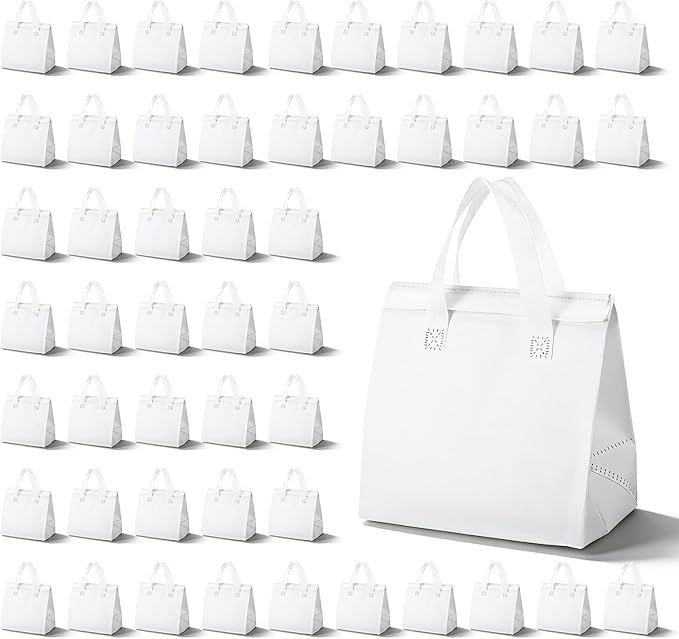 50PCS Insulated Take Away Bags Bulk Thermal Insulated Lunch Take Out Grocery Hot Cold Food Bags White Delivery Cooler Bag for Coffee Milk Catering Restaurant Grocery Picnic 9.5 x 9.5 x 6
