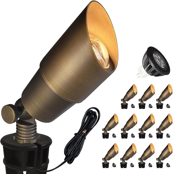 COLOER Brass Landscape Spotlights 12 Pack Spot Lights Outdoor with 5W Aluminum Housing MR16 LED Bulb 2700K 450LM 12V AC/DC Low Voltage Outdoor Lighting for Yard Uplight for Garden and Patio(101B)