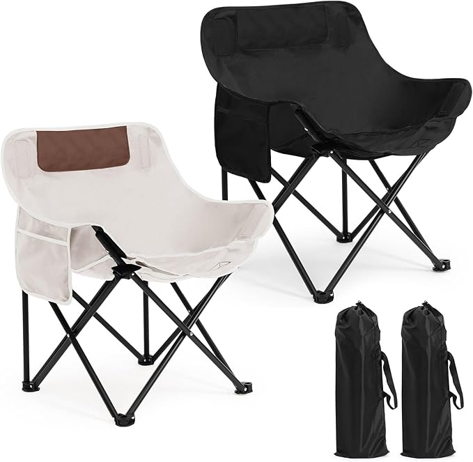 2 Pack Compact Camping Chairs Portable Folding for Outside with Carry Bag Lightweight Moon Chairs for Travel Picnic Hiking Beach Fishing 600D Oxford Supports 330lbs(White Black)