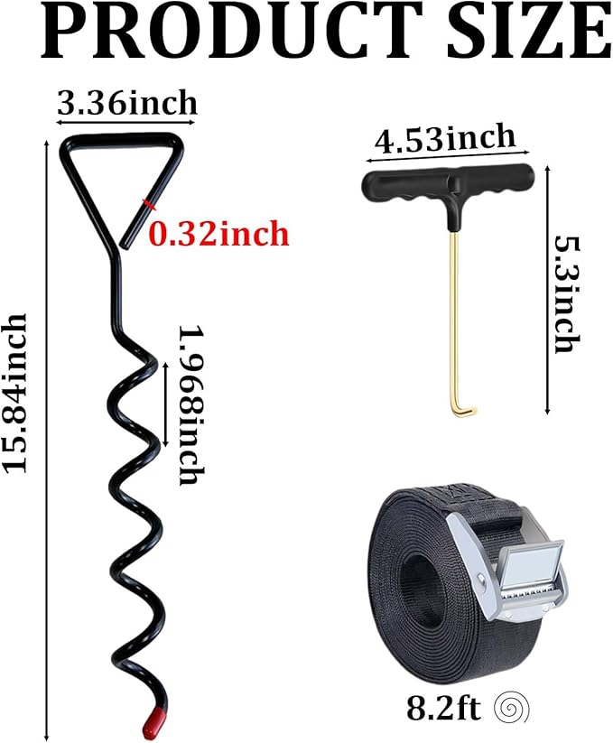 Trampoline Stakes 4 Pack - Heavy Duty Trampoline Anchors Kit - Screw In Ground Anchors High Wind with Straps for Trampolines (Black)