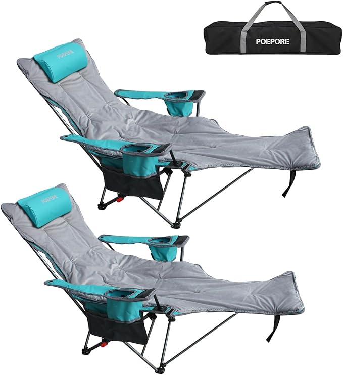 Reclining Camping Chair with Removable Footrest Lounge Chair with Headrest Cotton Cushion Portable Adjustable Folding Chairs