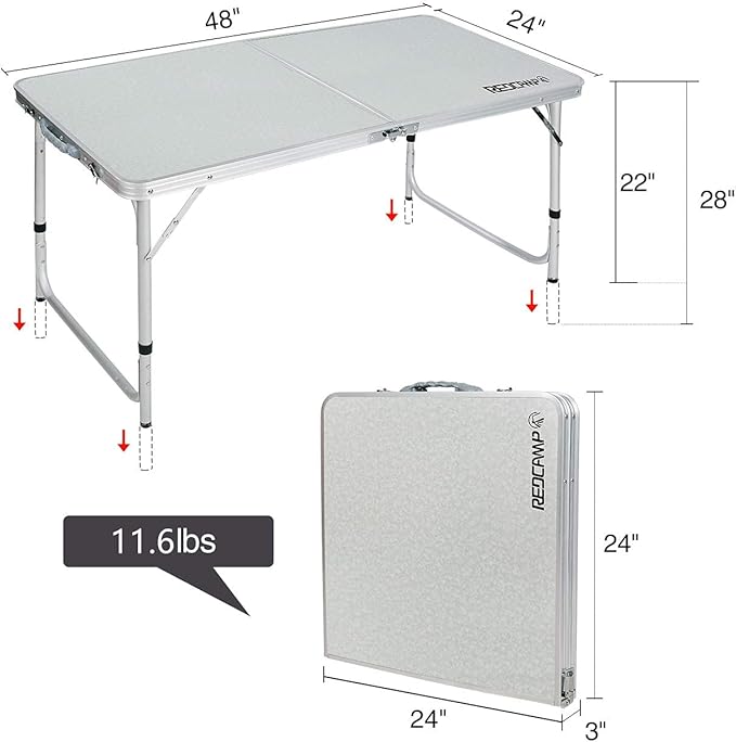 REDCAMP Heavy-Duty Aluminum Frame Camping Table 4ft Large Folding Table (48x24 Inches) with Adjustable Height Portable for Outdoor Picnic Tailgate Party