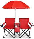 Goplus Double Camping Chair with Umbrella Folding Loveseat Chairs w/Canopy Shade Carrying Bag Table Cup Holder Portable Beach Chairs Outdoor Picnic Patio (Red)