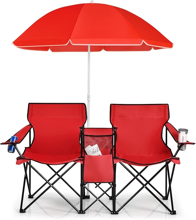Goplus Double Camping Chair with Umbrella Folding Loveseat Chairs w/Canopy Shade Carrying Bag Table Cup Holder Portable Beach Chairs Outdoor Picnic Patio (Red)
