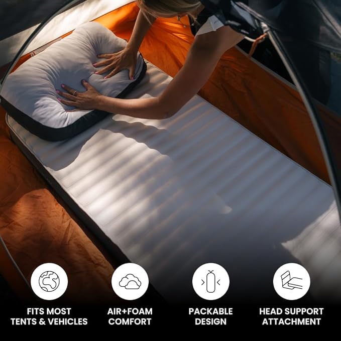 Luno Hybrid PRO Air + Memory Foam Camping Mattress for Tent &amp Car - 4 Self Inflating Camping Pad for Sleeping Ultra Packable Design - Universal Fit w/AirRoll Bag Repair Patch &amp Head Support