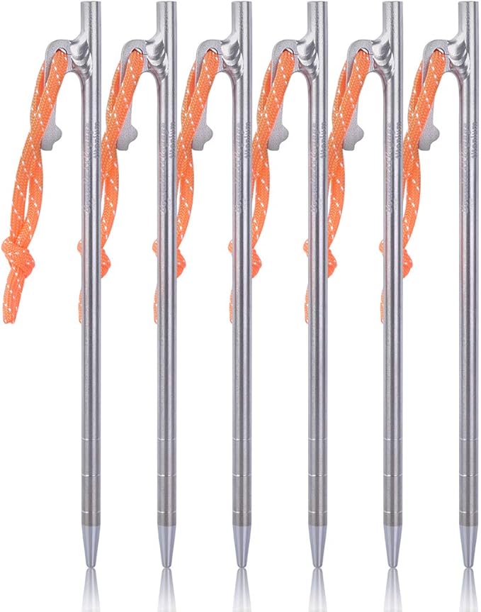 iBasingo 6-Pack Titanium Tent Stakes 20/24/30/35/40cm with Reflective Ropes Ultralight Backpacking Stakes for Camping Hiking Picnic Corrosion-Resistant &amp Durable Ground Pegs Ti4012P