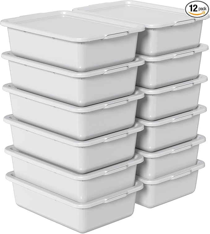 12 Pack 13 Liter Commercial Bus Tub with Lids Plastic Bus Box with Lid Gray