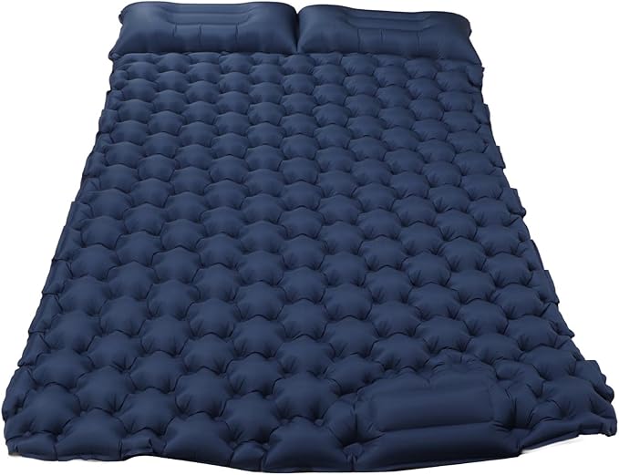 Inflatable Camping Sleeping Pad Self Inflating Pillow with Ergonomic Design Built in Pump for Fast Inflation Water Proof Nylon Mat for Outdoor Navy