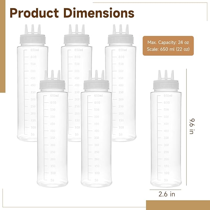 Sauce Bottle Squeeze 6-Pack 24 Oz 3 Hole Tri-Cone Nozzle Clear Dispensing Plastic Bottles For Ketchup Syrup Honey Includes Scale
