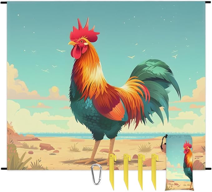 Waterproof Sandproof Beach Blanket 59''×68'' Animal Polyester Outdoor Picnic Blanket with 4 Stakes &amp Storage Bag for BeachCampingVacation Rooster