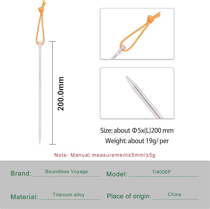 iBasingo 8 Pieces/lot Titanium Alloy Tent Nails Outdoor Camping Tent Stakes Lengthen Tent Pegs 20CM with Rope A-Ti4006P