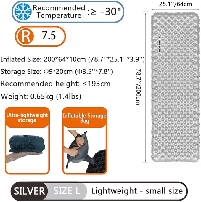 Single Inflatable Sleeping Mat 20D Nylon Lightweight Air Bed for Adults Air Mattress with Storage Bag for Camping Ultralight Backpacking Hiking Traveling &amp Outdoor Activities (Silver L)