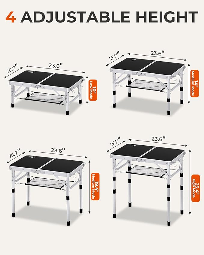 Sportneer Camping Table: Adjustable Height Small Folding Table 23.6 L x 15.7 W 4 Height with Mesh Layer - Compact &amp Portable Camping Essentials for Outdoor Camp Garden Picnic BBQ Dining Cooking