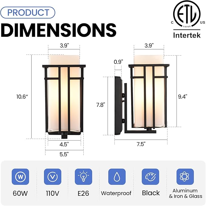 Outdoor Wall Sconce Waterproof Exterior Lights Wall Mount Anit-Rust Outdoor Wall Lantern with Rectangle White Glass Modren Black Exterior Wall Light for Front Door Patio Garage Entryway