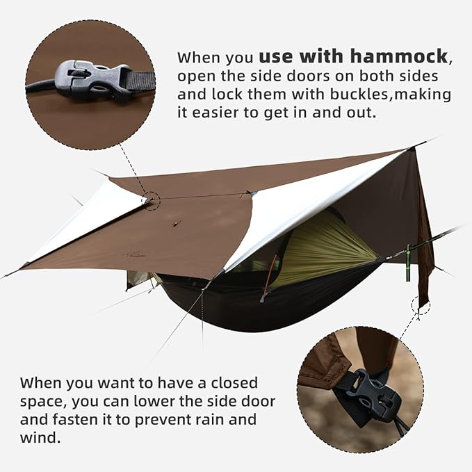 Ultralight Tarp 14ft Hammock Rain Fly Lightweight Waterproof Camping Tent Tarp with Doors Bushcraft Tarp Shelter for Backpacking Hiking Camping