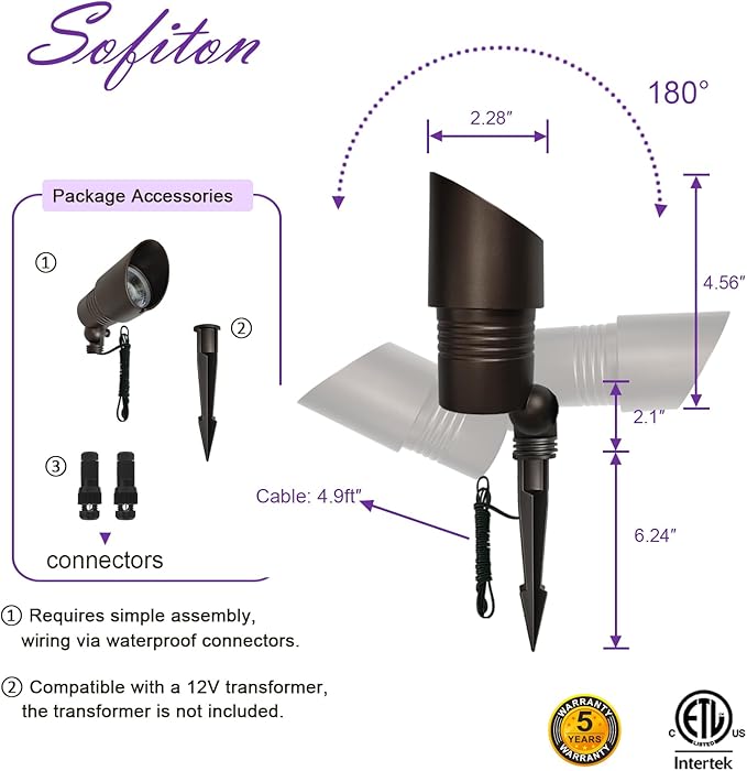 Low Voltage Spot Lights 2700K-5000K Adjustable 7W 520LM IP65 Waterproof CRI 90+ 12-24V AC/DC Outdoor Landscape Light for Garden Yard Bronze ETL Listed 8-Pack