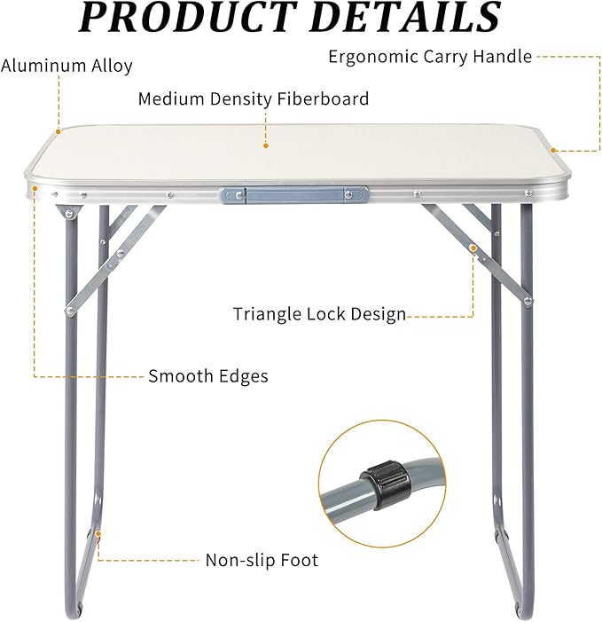 Aluminum Folding Camping Table Outdoor Lightweight Picnic Table 27x20x24 Portable Silver Rectangular Table for BBQ RV Beach Travel
