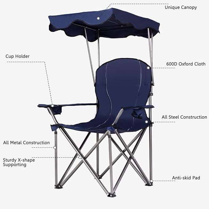 GYMAX Camping Chair Folding Outdoor Lawn Chair with Canopy Carry Bag &amp Cup Holder Portable Heavy Duty Camp Chair for Outside Travel Picnic Beach Soccer Chairs (Blue)