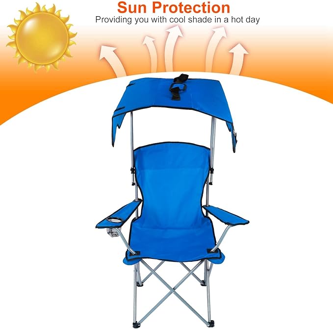 Foldable Beach Canopy Chair Camping Chair Fishing Camp Outdoor Lawn Chair Sun Protection 330LBS Load Folding Camping Canopy Shade Seat with Cup Holder For Beach Poolside Travel Picnic (Blue)