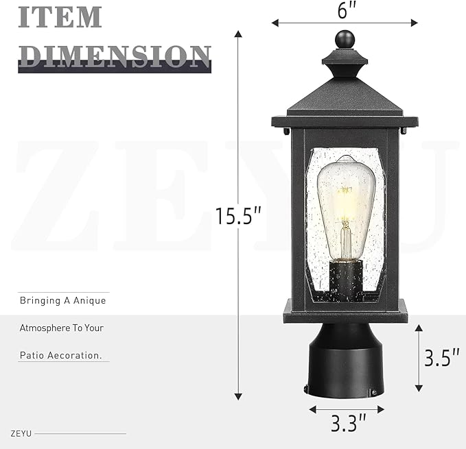 zeyu 16 Inch Outdoor Lamp Post Light Farmhouse Exterior Post Light Fixture for House Patio Yard Die-Cast Aluminum with Seeded Glass Shade Black Finish ZD99P BK