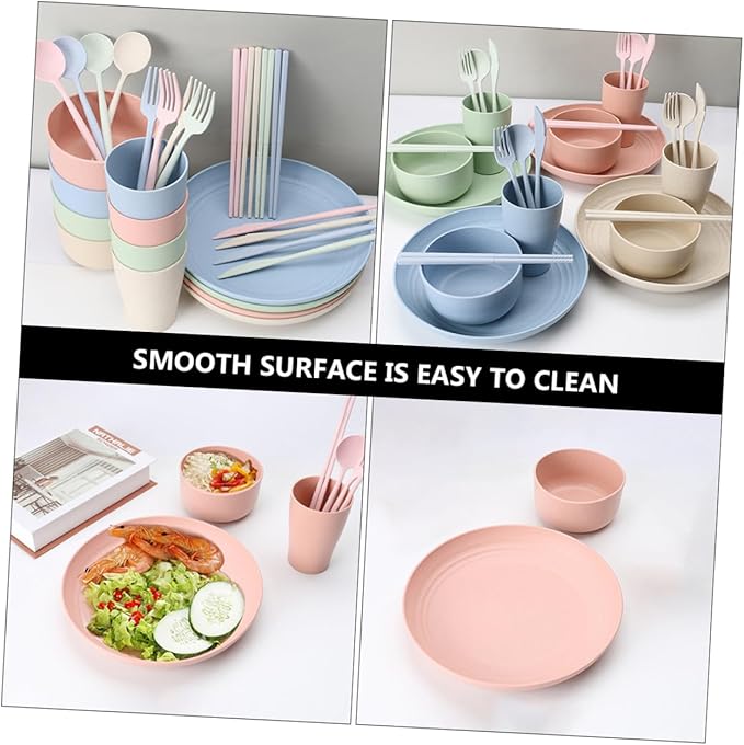 ABOOFAN 28-Piece Wheat Straw Cutlery Set Bowls Plates Cups Forks Spoons and Chopsticks Lightweight Dishwasher Safe Tableware for Home and Camping