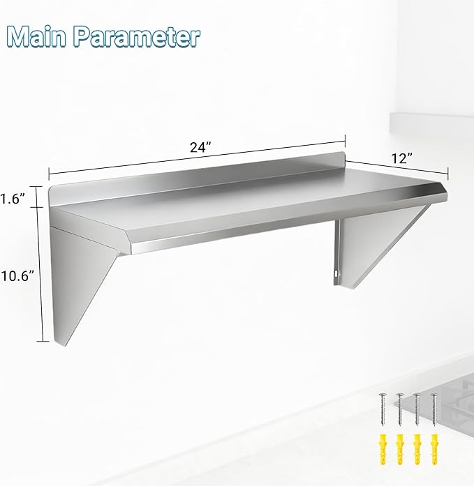Stainless Steel Shelf 12 x 24 210LBS Wall Mounted Commercial Stainless Steel Shelving Stable Stainless Wall Shelf for Kitchen Bar Restaurant and Garage