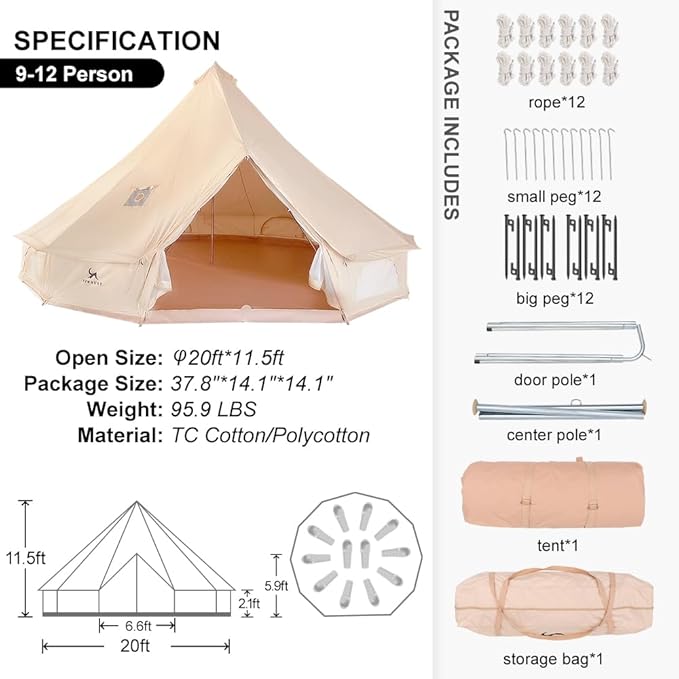 MC TOMOUNT Canvas Tent Bell Tent Yurt with Stove Jack Zipped Removable Floor for Glamping Truck Car Camping