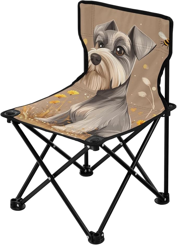 Cartoon Lovely Miniature Schnauzer Dogs Brown Collapsible Camp Chairs for Adults Heavy Duty Ultra-Lightweight Portable Chair Includes Carry Bag Ice Fishing Chair with Back for Traveling Indoor