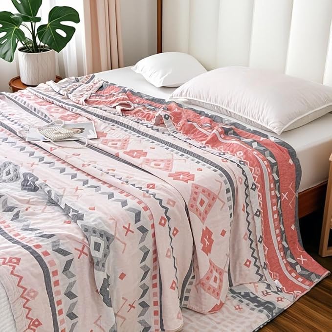 ITFRO Boho Cooling 3 Layer Cotton Muslin Blanket for Hot Sleepers Twin Size 60x80 Inches Lightweight Breathable Reversible Summer Camping Blanket All Seasons for Couch Sofa Bed (Boho Pink 60x80)