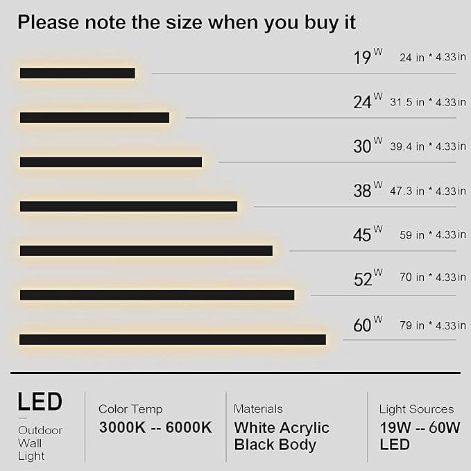 2pcs 47in Long Outdoor Modern LED Wall Lights 4.33in Wider Coverage IP65 Waterproof Black Outdoor Sconce Lights 3000K-6000K Dimmable Exterior Wall Light Fixtures for House Garage Front Door