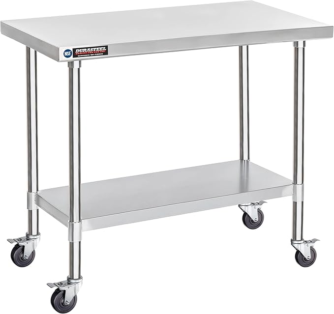 DuraSteel 30x48 NSF Stainless Steel Cart - Heavy Duty Food Prep Table with Undershelf - Rolling Kitchen Island on Wheels for Commercial Restaurant Kitchen Garage Outdoor Cooking BBQ Grill Counter
