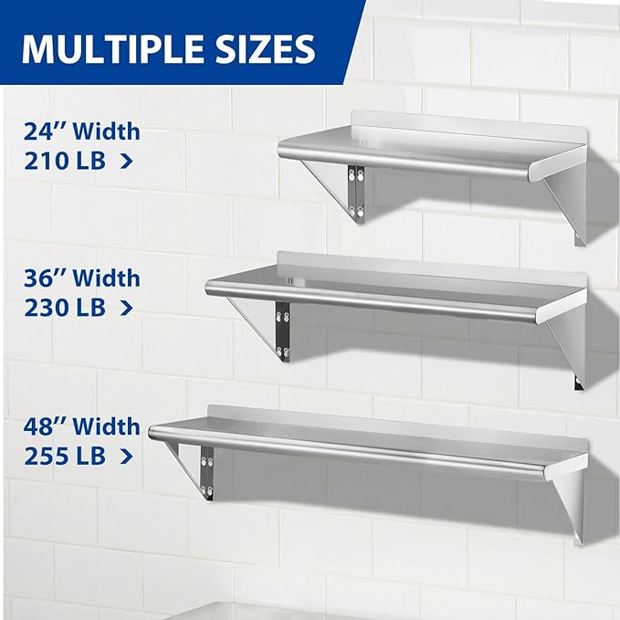 APLSS NSF Stainless Steel Wall Shelf 12 x 48 Inches 255 lb Floating Mount Rack for Commercial &amp Residential Use
