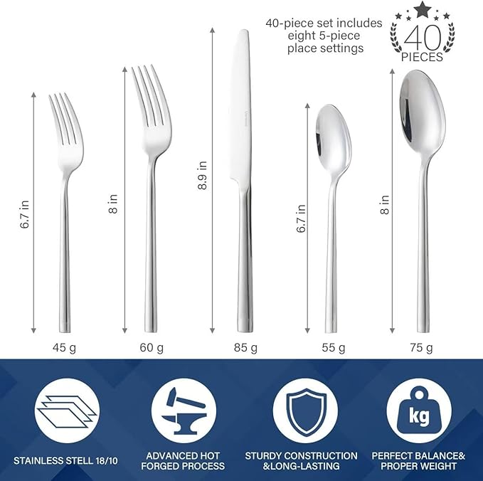 40-Piece Silverware Set for 8Minimalist Flatware Set 18/10 Stainless SteelFine Cutlery Set with Forks Knives SpoonsDurable and Elegant Design TablewareDishwasher Safe